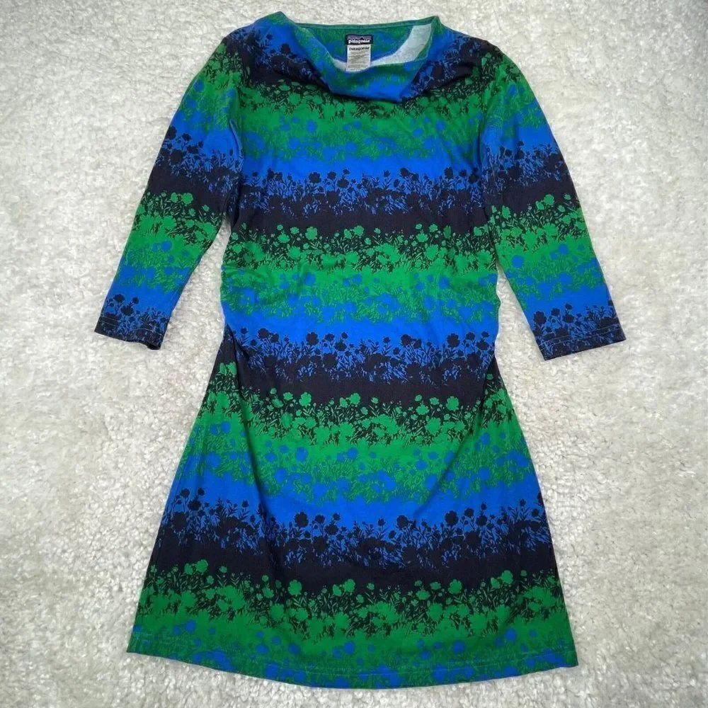 Patagonia Kamala Draped Organic Cotton Dress Blue Green